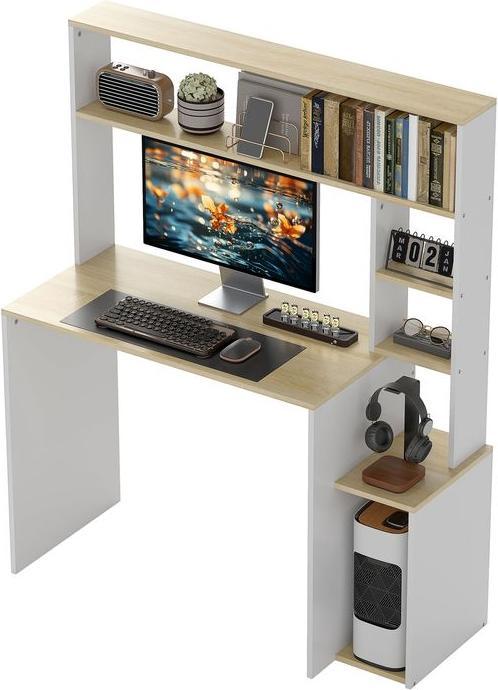 Produktbild Swisshandel24 Computertisch, Schreibtisch mit offenen Regalen und Ablagefächern, aus Stahl, Hellbraun+Weiss (113 x 45 x 138.50 cm)