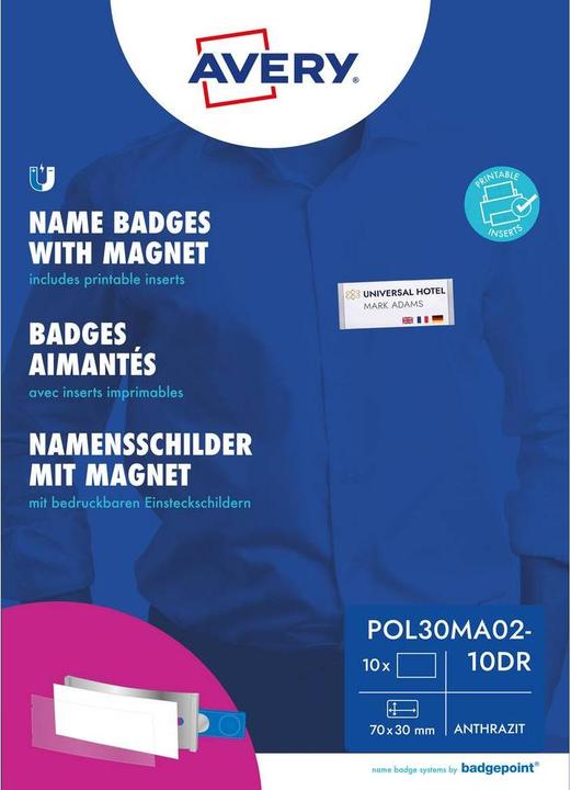 Actual product image Badgepoint POL30MA02-10DR Name badges, 65 x 30 mm, dark grey