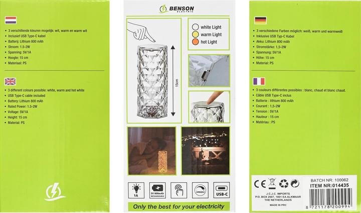 Image du produit Benson Electric Lampe de table LED rechargeable Crystal