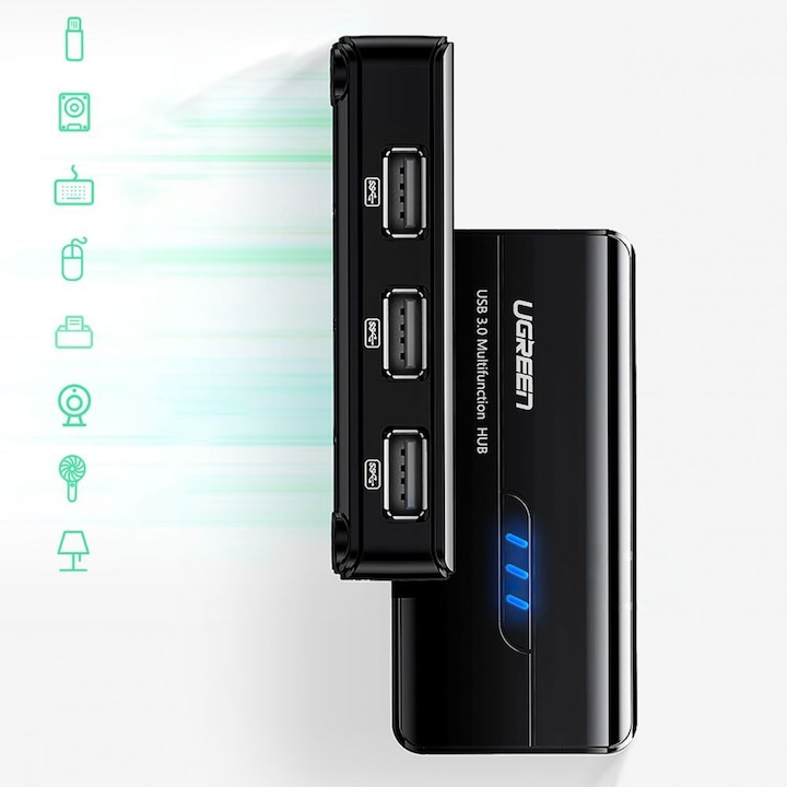 Produktbild Ugreen USB 2.0 Hub RJ45 Ethernet Adapter 3+1 Port USB 2.0-Hub Schwarz (USB-A, 3 Ports)