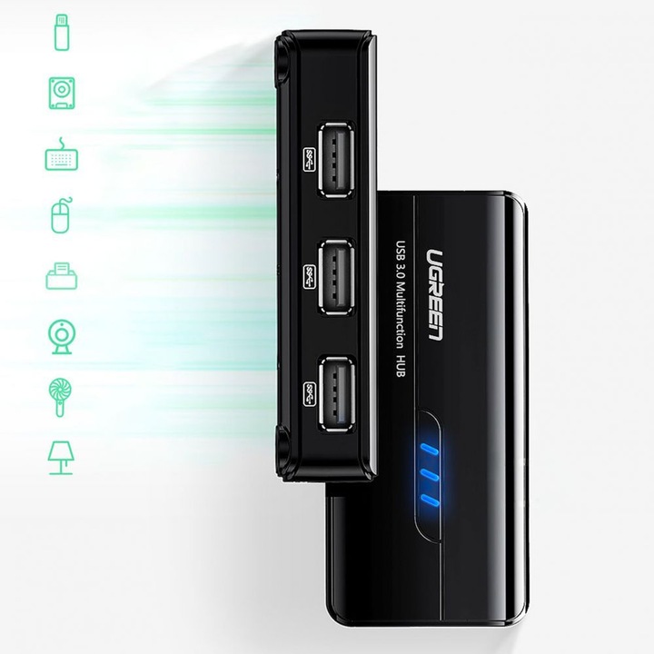 Actual product image Ugreen USB 2.0 Hub RJ45 Ethernet Adapter 3+1 Port USB 2.0 Hub Black (USB-A, 3 Ports)