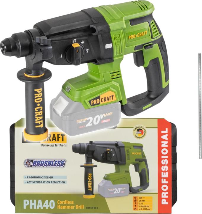 Produktbild Procraft PHA40bb-c Akku Bohrhammer 20 V 2,6 J SDS plus Brushless + Koffer - ohne Akku, ohne (Bohrhammer)