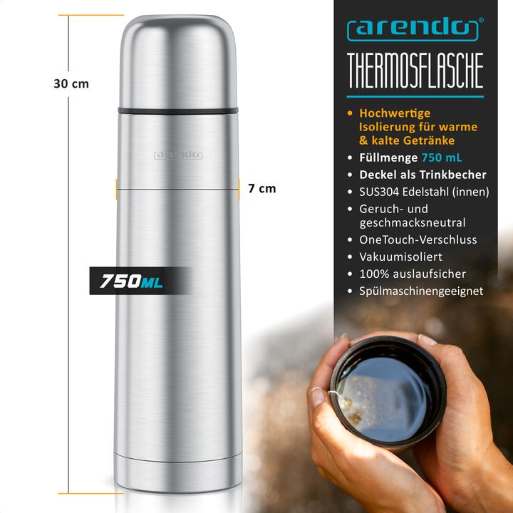Produktbild Arendo Thermobecher 0,7l Edelstahl, doppelwandig isoliert, auslaufsicher, vakuumisoliert, 12h/24h warm/kalt
