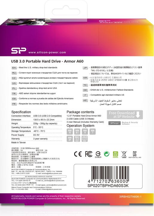Productafbeelding Silicon Power Armor A60 2TB USB 3.0 2.5 SP020TBPHDA60S (2 TB)