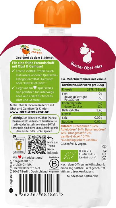Produktbild Freche Freunde Quetschbeutel Birne, Apfel, Banane, Orange & Vanille 100 g (107 g)