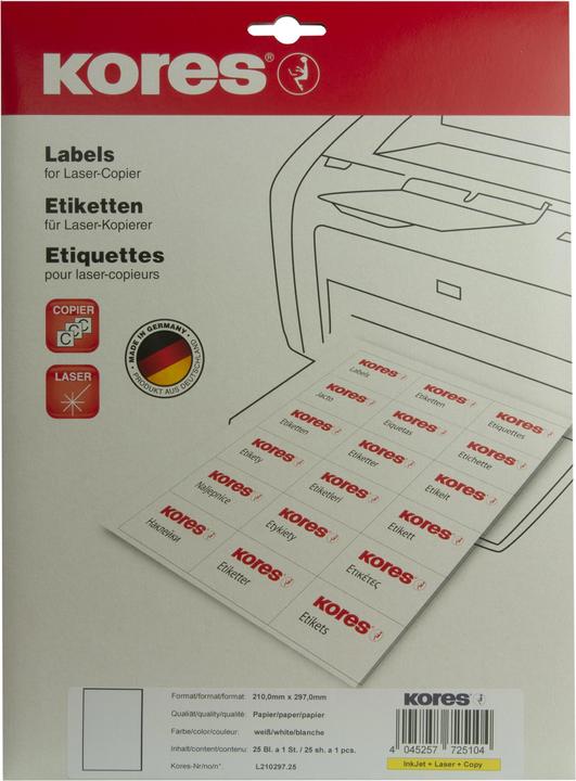 Image du produit Kores Étiquettes universelles, 210 x 297 mm, blanc, 25 feuilles