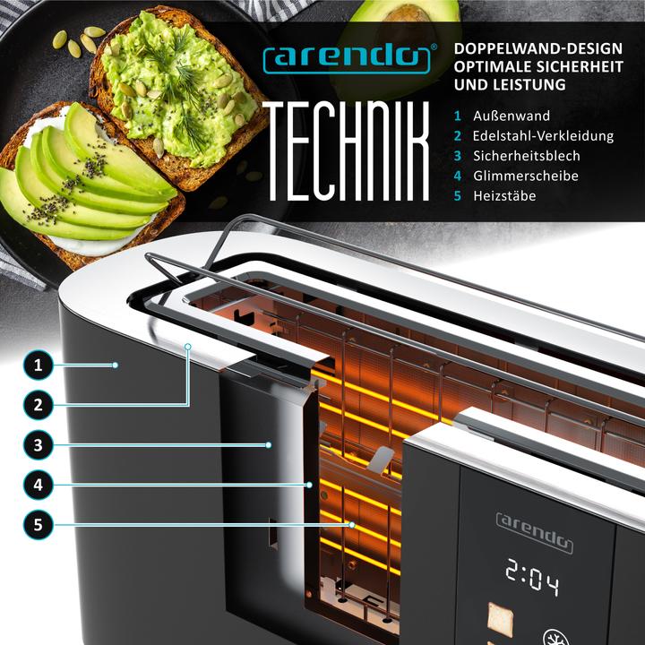 Produktbild Arendo Toaster Edelstahl 2 Scheiben Langschlitz, Bräunungsgrad & Restzeitanzeige, Touch Display, 1000 W