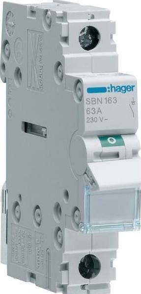 Actual product image Hager SBN163. Rated current: 63 A. International protection rating (IP code): IP20. Width: 17.5 mm (Obstruction)