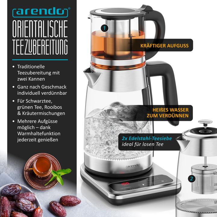 Produktbild Arendo Wasserkocher 2in1 Glas-Teebereiter & Samowar mit Temperatureinstellung 40°-100°C, 1,8 l, 2200W (1.80 l)