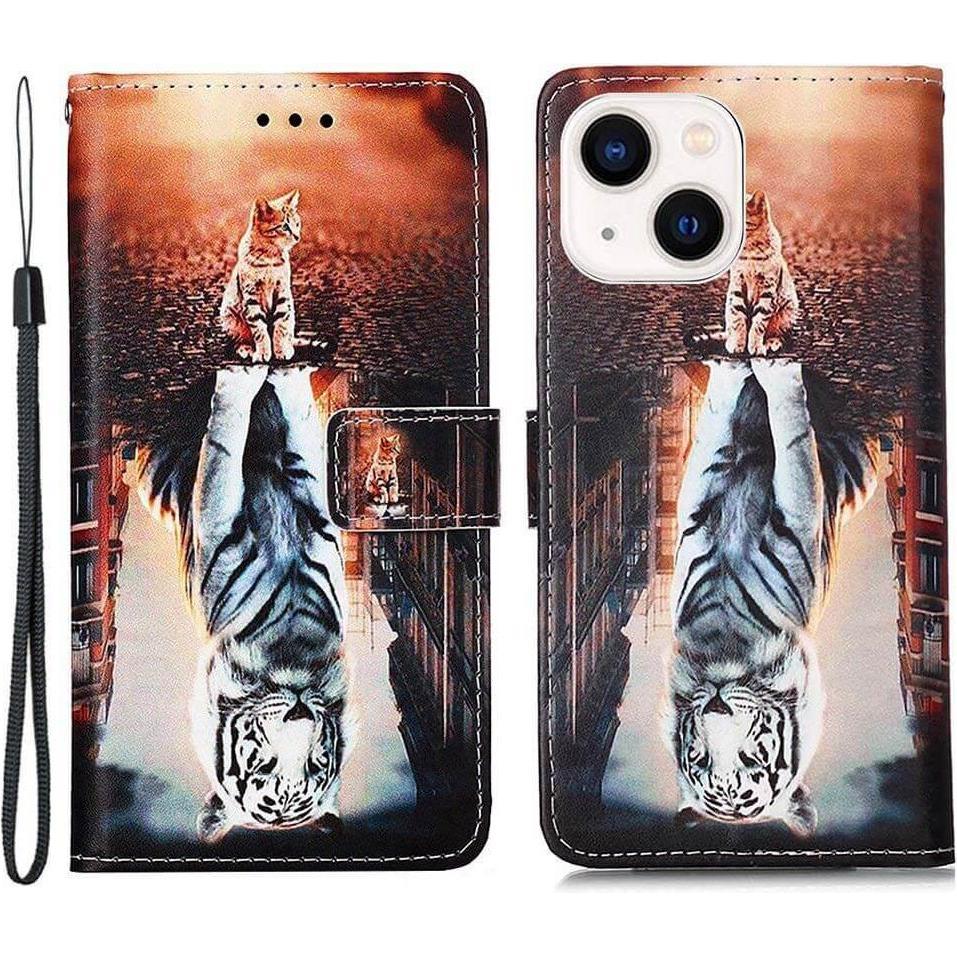 Cover-Discount iPhone 15 Plus - Leder Etui Hülle Katze (Apple iPhone 15 Plus), Smartphone Hülle, Mehrfarbig