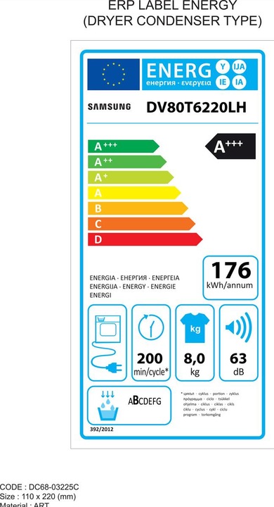 Label énergétique Samsung DV80T6220LH/S5 (8 kg, Modifiable, Droite)