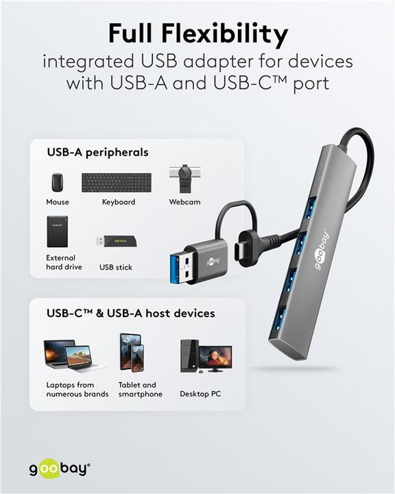 Immagine prodotto Goobay 2in1 Slim 4-Port USB-Hub, 5 Gbit/s (USB-A, USB-C, 4 porte)
