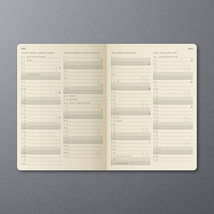 Valeurs nutritives et ingrédients Sigel Calendrier semainier 2024 C2419 black, 2S/1W, HC, A5 (A5, Couverture rigide, Allemand)