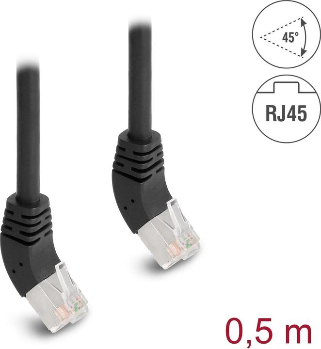 Actual product image Delock Patch cord 45° top angled Cat 6A, S/FTP, 0.5 m, Black (S/FTP, CAT6a, 0.50 m)