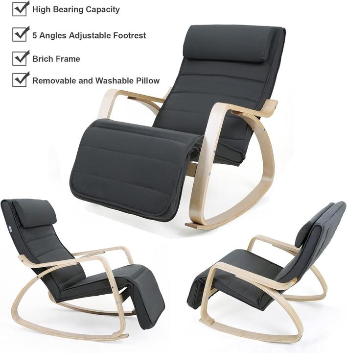 Actual product image Songmics Schaukelstuhl Verstellbar Holz Armlehnen Grau