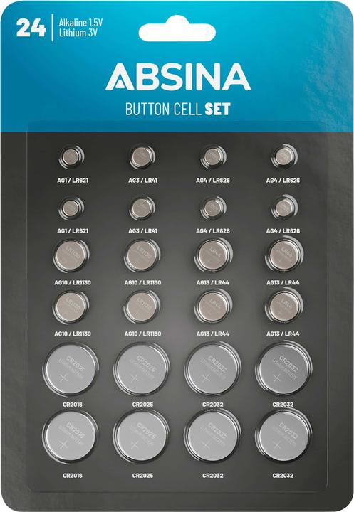 Image du produit Absina SET de piles boutons 24 piles alcalines + lithium (24 pcs, AG1, AG10, AG4, CR2016, CR2025, CR2032, LR41, LR621., 14 mAh)