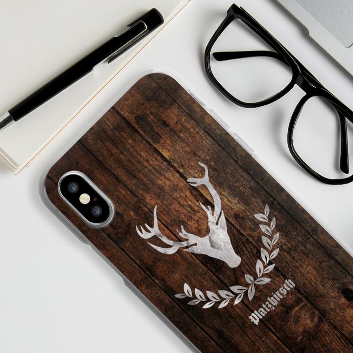 Produktbild DeinDesign Silikon Hülle für Apple iPhone X Handyhülle Case Smartphone Schutzhülle Hirsch Holz Holzoptik (Apple iPhone X)