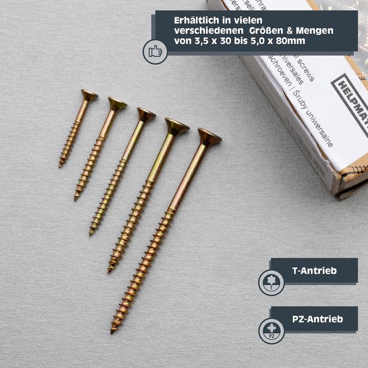 Image du produit Helpmate Universalschrauben Senkkopf 4x40, gelb passiviert, T-Antrieb, 450 Stück (450 Vis par pièce)