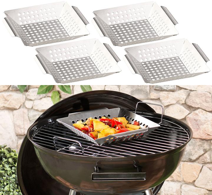 Produktbild Rosenstein & Söhne 4er-Set Edelstahl-Grill-Schalen für Gemüse und kleines Grillgut