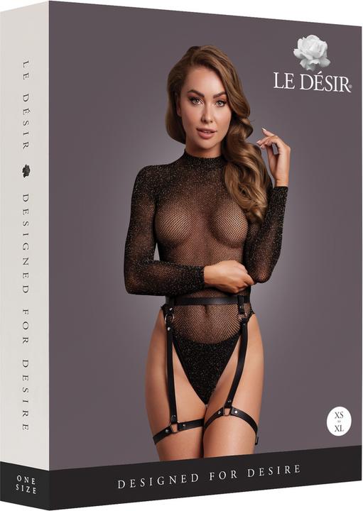Le Désir Shimmering Open-Back Bodysuit with PU Leather Garters - One Size - Black/Gold Glitter (Eén maat voor iedereen)