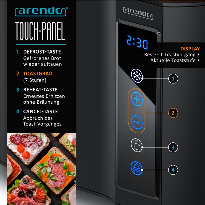 Image du produit Arendo Grille-pain en acier inoxydable 2 tranches à fentes courtes, écran tactile, écran avec affichage du