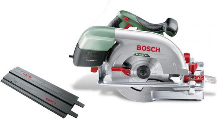 1x Bedienungsanleitung, 1x Staubabsaugung, 1x Bosch PKS 66-2 AF Handkreissäge, 1x Sägeblatt SpeedLine, 1x Bosch Führungsschiene, 1x Schraubzwingen