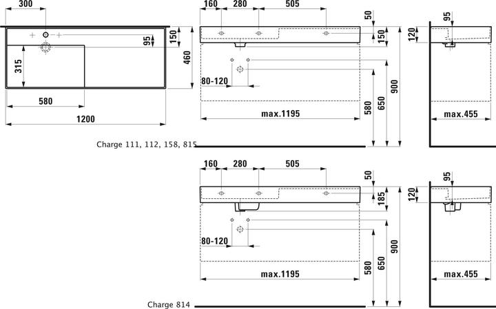 Actual product image Laufen Wash basin KARTELL 1200x460mm drain r.o.l. 2 HL-design white LCC (460 mm, 1200 mm)