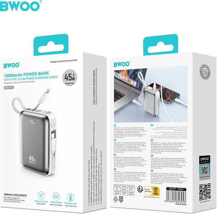 Actual product image Bwoo power bank P77 45W, 10000 mAh with USB-C and Lightning cable, grey (10000 mAh, 45 W)