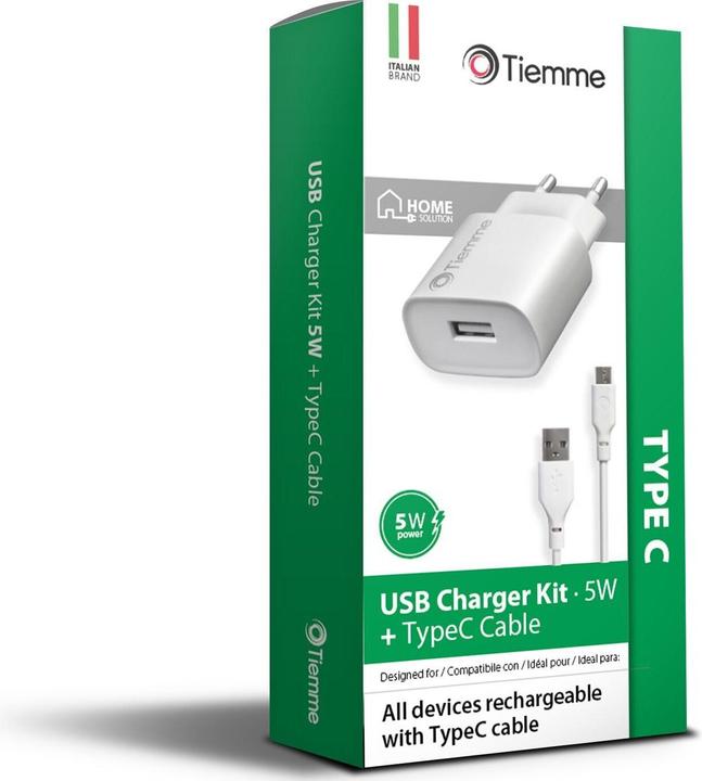 Produktbild Tiemme Chargeur secteur 1 port USB 5W + Cable USB-A vers USB-C 1m (Blanc) (5 W, 1 Port)