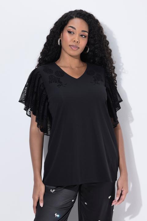 Image du produit Ulla Popken T-shirt décolleté en V, flocage en forme de fleurs et manches courtes chauve-souris (58)