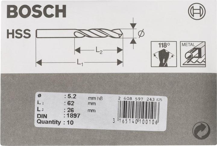 Actual product image Bosch Professional Zubehör Car body drill bits HSS-R, DIN 1897, 5.2 x 26 x 62 mm, pack of 10 (5.2 mm)
