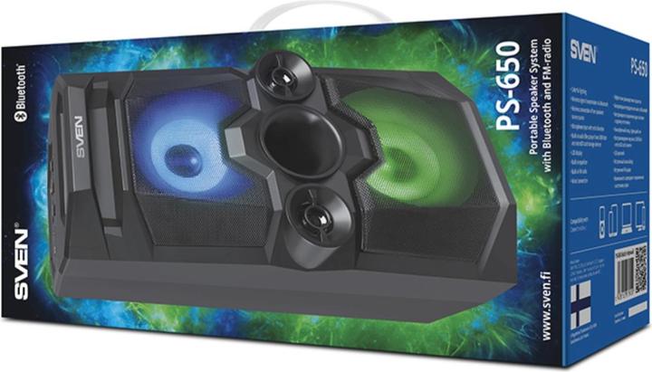 Produktbild Sven Speaker PS-650, juodas, power output 2x25W (RMS), TWS, Bluetooth, FM, USB, Micro SD, LED-displa (10 h, Akkubetrieb)