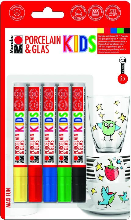 Marabu Crayon à peindre la porcelaine et le verre KIDS (Jaune, Bleu, Rouge, Noir, Vert, 3 mm, 5 x)