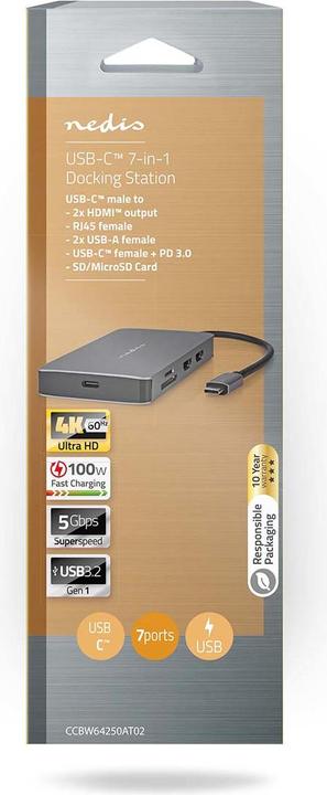 Actual product image Nedis USB Multi-Port Adapter | USB 3.2 Gen 1 | USB-C™ Plug | Micro SD / RJ45 Jack / SD / USB-C™ (USB-C, 7 ports)