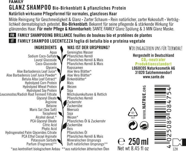 Immagine prodotto Sante Famiglia Shine Shampoo organico con foglie di betulla e proteine vegetali (250 ml, Shampoo liquido)