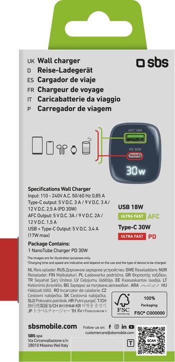 Energie-Label SBS Wandladegerät mit LCD-Bildschirm, 1 USB-C-PD-30W-Ausgang, 1 USB-A-18W-Ausgang (30 W)