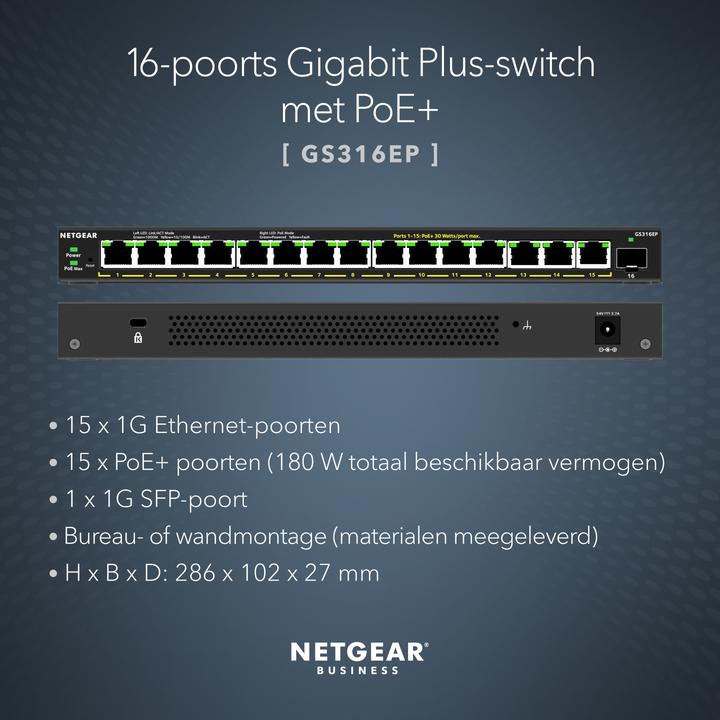 Actual product image Netgear PoE+ GS316EP-100PES (16 ports)