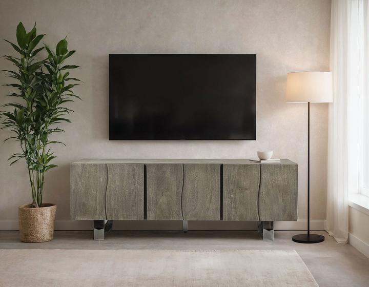 Produktbild FineBuy TV Schrank Lowboard 160 cm Smoked Grey Holz Massiv Fernsehkommode Grau