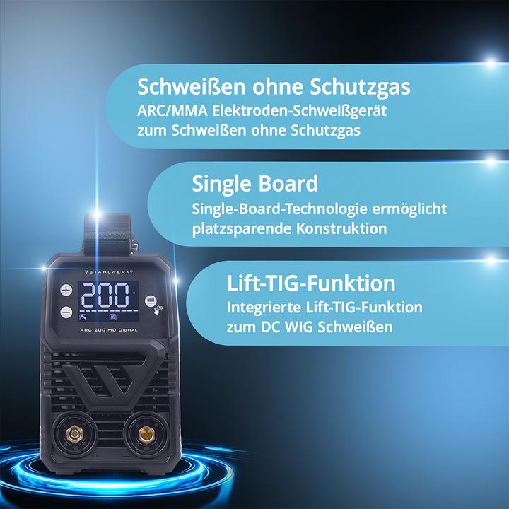 Actual product image Stahlwerk welding machine ARC 200 MD Digital fully equipped MMA E Hand Inverter 200 A equipment trolley Helmet