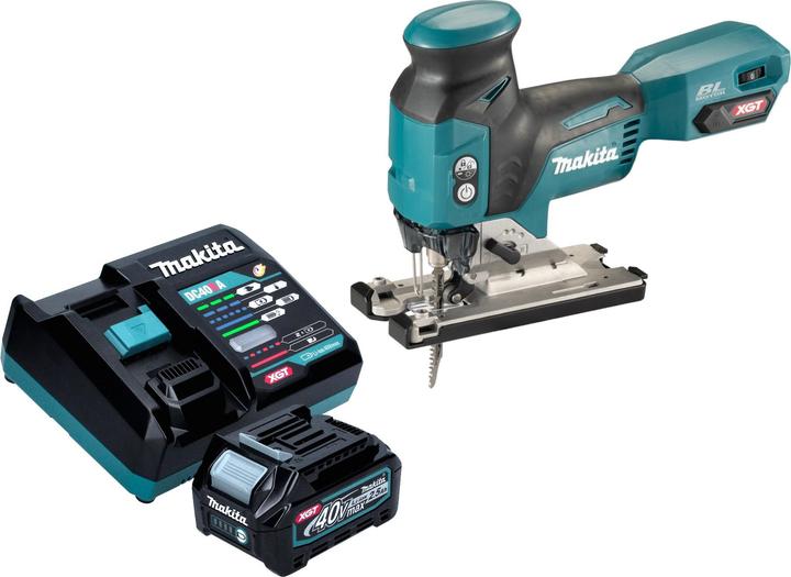 1x lama per seghetto alternativo B-22 metallo/plastica, 1x batteria Makita BL 4025 40 V 2,5 Ah XGT Li-Ion, 1x lama per seghetto alternativo B-10 legno/plastica, 1x lama per seghetto alternativo BR-13 legno, 1x chiave esagonale 4 mm ( 783202-0 ), 1x protezione chip breaker ( 415524-7 ), 1x Seghetto alternativo a batteria Makita JV 001 G, 1x Caricabatterie rapido Makita DC 40 RA 40 V