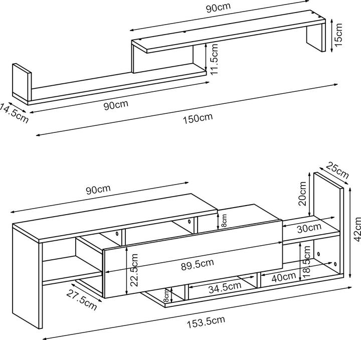 Produktbild En.Casa Fernsehschrank Liksefte mit Wandregal 154x28x42 cm Eicheoptik (153.50 x 27.50 x 42 cm)