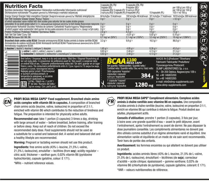 Nährwerte und Zutaten Olimp Sport Nutrition Profi BCAA Mega Caps (120 Caps, 132g) (120 Stück, Kapseln, 132 g)