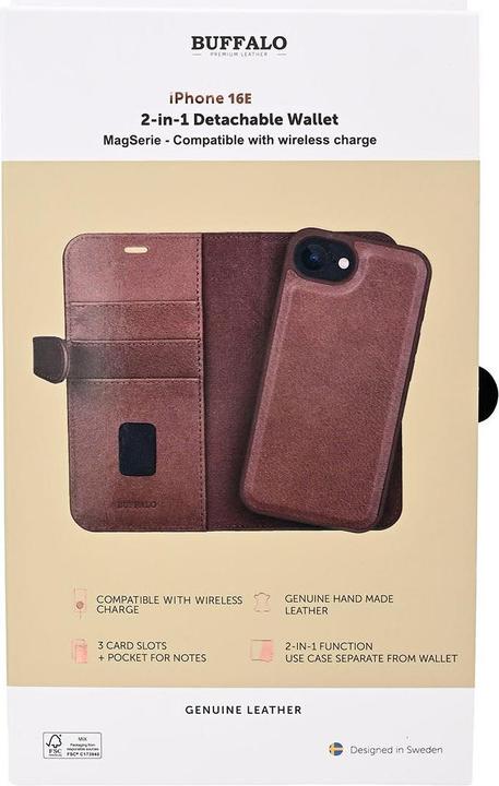 Actual product image Buffalo 2in1 Leather 3 card MagSeries iPhone 16e Brown (Apple iPhone 16e, Apple iPhone 17e)