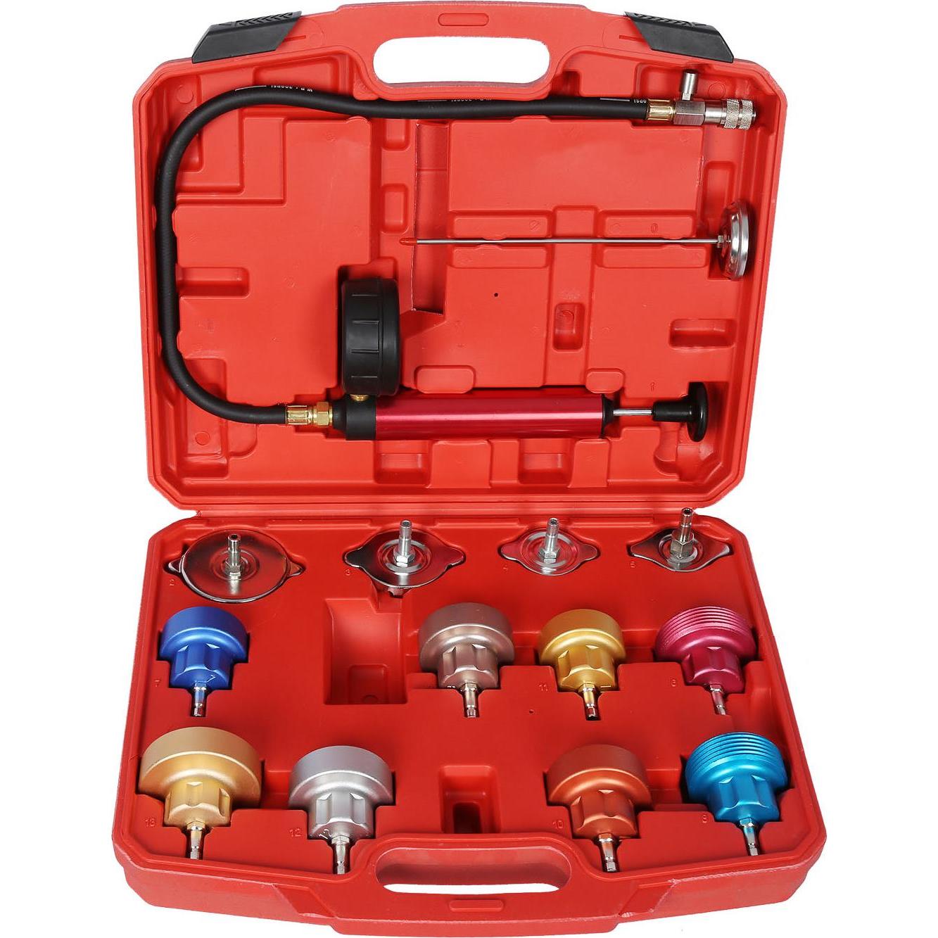 Thumbnail - Wiltec, Fahrzeug Werkzeug, 14tlg. Kühlsystemtester Kühlsystementlüfter Kühlsystembefüller Farbkode