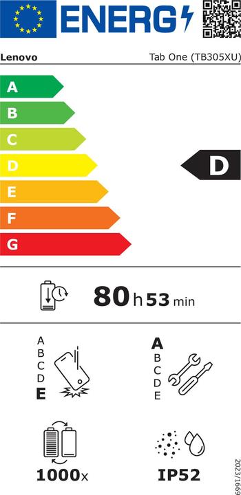 Label énergétique Lenovo Tab One - 4GB / 64GB (4G, 8.70", 64 Go, Grey)