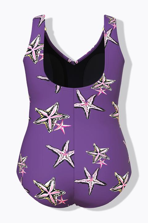 Produktbild Ulla Popken Badeanzug, Seesterne, Softcups, V-Ausschnitt (52)