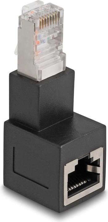 Actual product image Delock RJ45 male to RJ45 female adapter Cat.6A 90° angled downwards (Network cable plug)