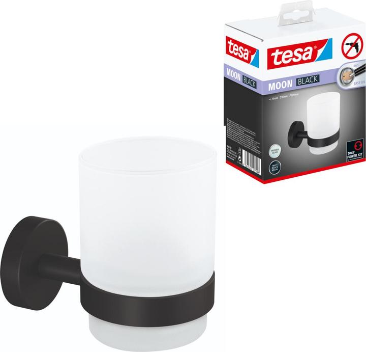 Produktbild tesa MOON BLACK Zahnputzbecher inkl. Klebelösung ohne Bohren (9 x 13.5 x 18 cm)
