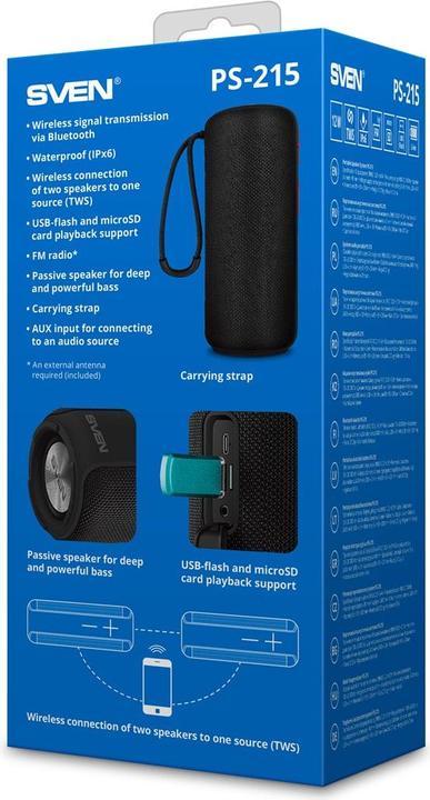Image du produit Sven PS-215, juodas, power output (RMS), Atsparus vandeniui (IPx6), TWS, Bluetooth, FM, USB, Micro (Alimentation via port USB)