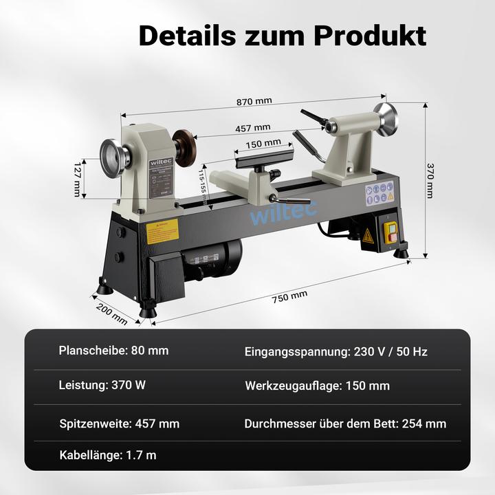 Produktbild Wiltec Drechselbank 370W Drechselmaschine Drehbank Drechsler Holz Dreheisen